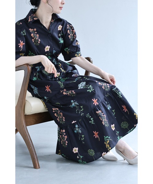cawaii ワンピース 半袖 （黒）色鮮やかな花図鑑 ティアードロング