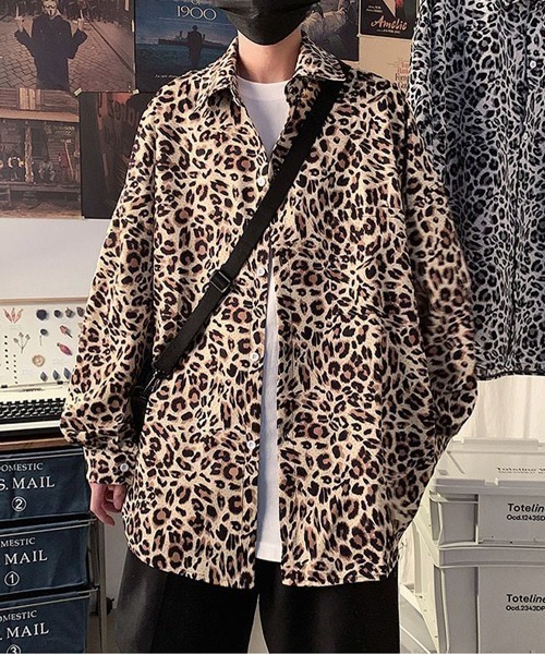 シャツ 「WARAIJOGO」ヒョウ柄オーバーサイズ長袖シャツ(NEZ) メンズ