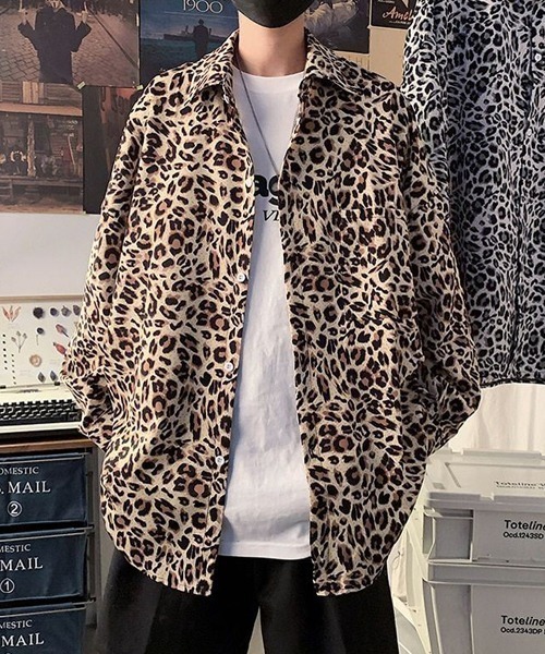 シャツ 「WARAIJOGO」ヒョウ柄オーバーサイズ長袖シャツ(NEZ) メンズ