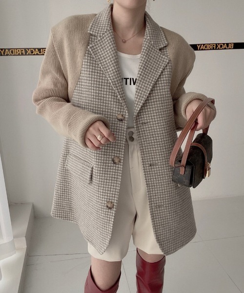 N.s ジャケット テーラードジャケット 袖ニットドッキングチェック