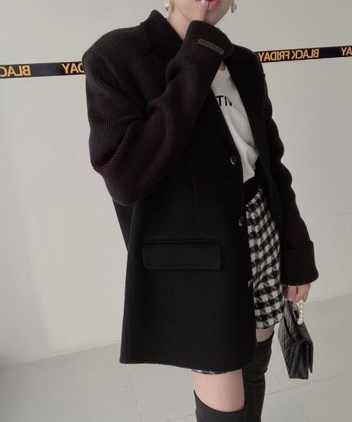 N.s ジャケット テーラードジャケット 袖ニットドッキングチェック