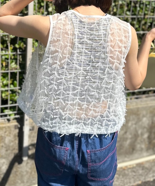 美品 Rossa インポートローサ レース メッシュ シアーベスト ジレ She's Closet ベスト ジレ 2WAYショート丈深Vネック花柄刺繍