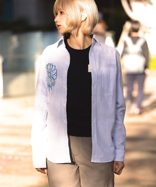 ブラウス シャツ 「*anobody* / アノバディー」Flower Stripe Shirts　/ フラワーストライプオックスフォードシャツ レデ
