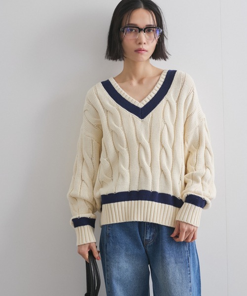 T965：新品 MHL. ラインVネック チルデンニット ハーフスリーブ VICKY（ビッキー） ニット セーター チルデンニットVネックプル