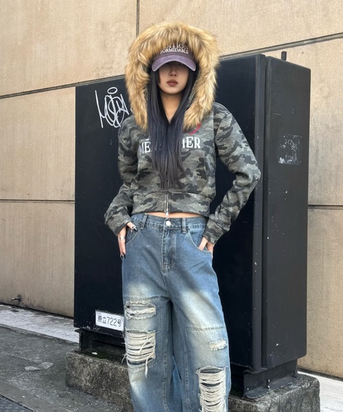 ZIPPER CLUB パーカー カモフラージュダブルジップクロップドパーカー