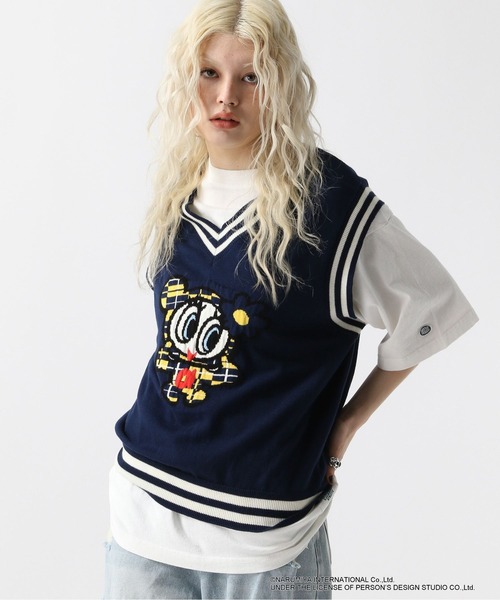 ベスト ジレ ロゴジャガードベスト レディース FOREVER21 ベスト ジレ 「ANGEL BLUE」ジャガードベスト