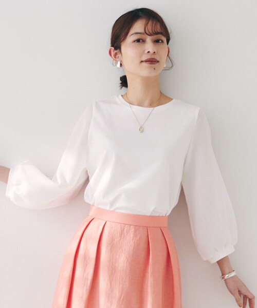 tシャツ 「二の腕カバー/オンオフ」袖シアー ドッキングプルオーバー レディース UNTITLED tシャツ 「二の腕カバー/オンオフ」袖シアー