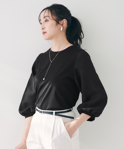 tシャツ 「二の腕カバー/オンオフ」袖シアー ドッキングプルオーバー レディース