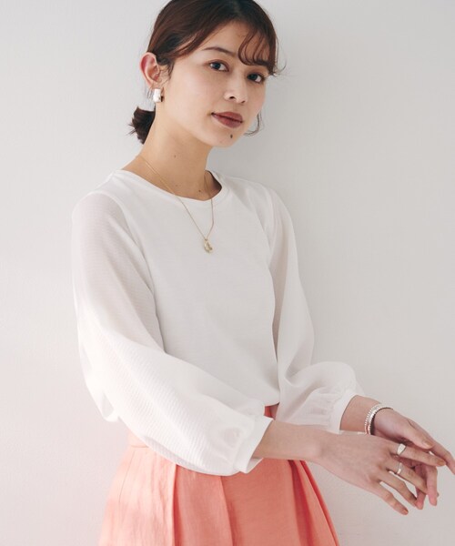 tシャツ 「二の腕カバー/オンオフ」袖シアー ドッキングプルオーバー レディース UNTITLED tシャツ 「二の腕カバー/オンオフ」袖シアー
