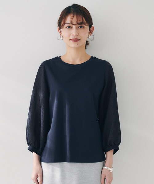 tシャツ 「二の腕カバー/オンオフ」袖シアー ドッキングプルオーバー レディース UNTITLED tシャツ 「二の腕カバー/オンオフ」袖シアー