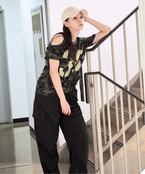 tシャツ ワンショルカモフラトップス/ワンオフショルダーギャザー