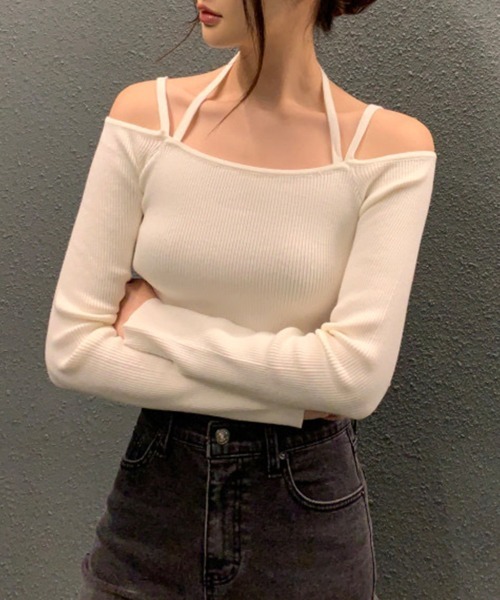 ReRe ニット セーター オフショルダー肩紐 ニットトップス レディース