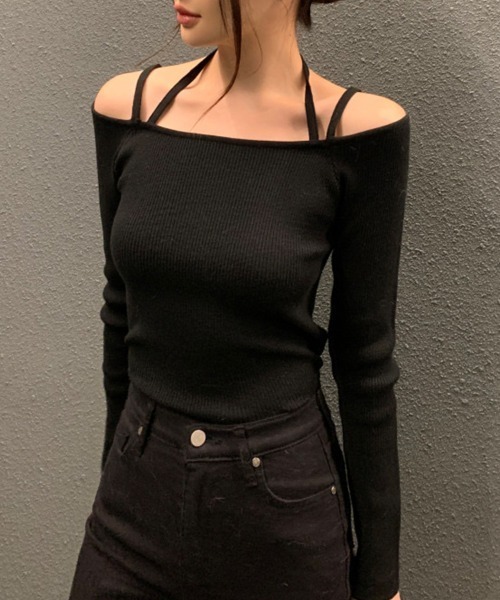 ReRe ニット セーター オフショルダー肩紐 ニットトップス レディース