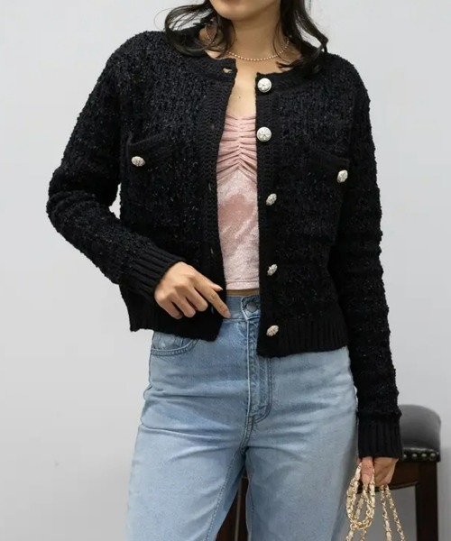 SEU カーディガン ショート丈 ラウンドカラー ラメツイード風