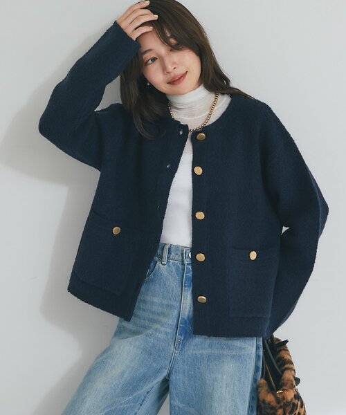 ラブティックボンボン　ブークレ締結ニットジャケットカーディガン　ピンク 今すぐお届け！・程よいカジュアル感】ブークレ接結ニットジャケット