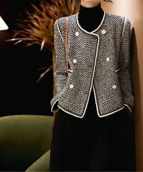 【定価2.7万円/新品未使用タグ付】KHAKIPOINT ツイードジャケット 黒 大きいサイズ》ツイードノーカラージャケット（7061141807