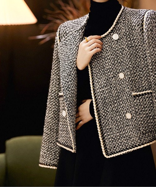 ジャケット ノーカラージャケット パイピングダブルボタンノーカラー