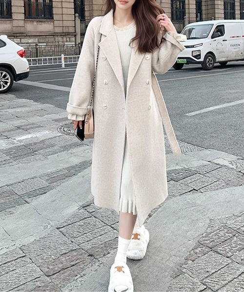 ホワイト ダブルブレスト チェスターコート WEB限定】グロッシーウール ダブルブレストチェスターコート