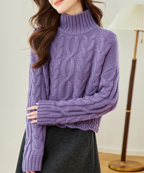 ReRe ニット セーター ケーブル編み×ハイネックニットトップス