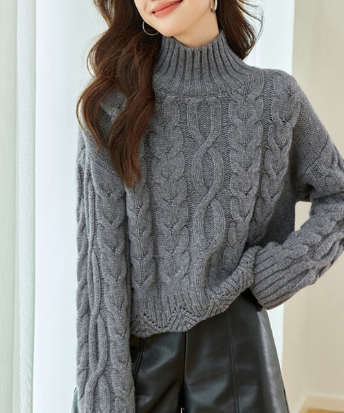 ReRe ニット セーター ケーブル編み×ハイネックニットトップス