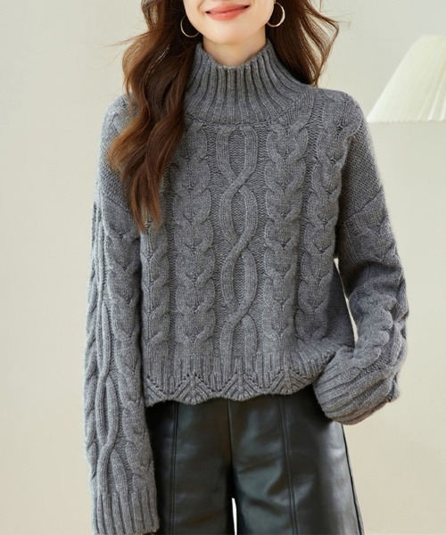 ReRe ニット セーター ケーブル編み×ハイネックニットトップス
