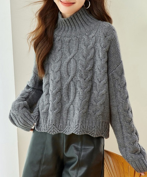 ReRe ニット セーター ケーブル編み×ハイネックニットトップス