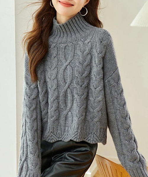 ReRe ニット セーター ケーブル編み×ハイネックニットトップス
