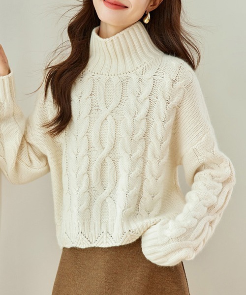 ディセンバーメイセーター ニット Stripe logo High neck Women's Black/cream striped Oversized Turtleneck Sweater | H&M US