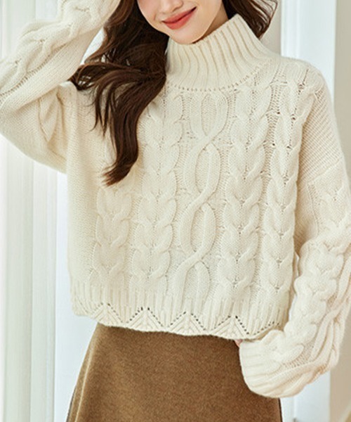 ReRe ニット セーター ケーブル編み×ハイネックニットトップス