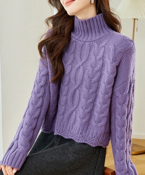 ReRe ニット セーター ケーブル編み×ハイネックニットトップス