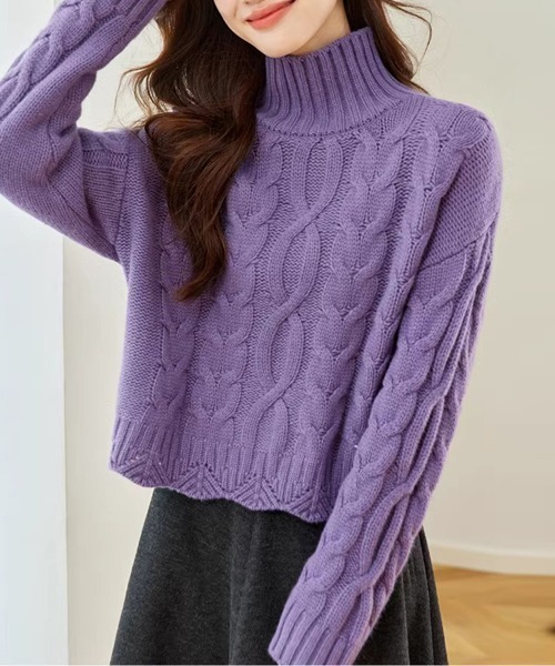 ReRe ニット セーター ケーブル編み×ハイネックニットトップス