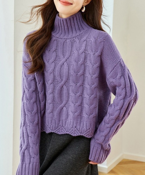 ReRe ニット セーター ケーブル編み×ハイネックニットトップス