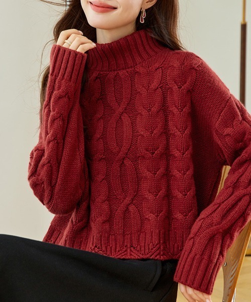 ReRe ニット セーター ケーブル編み×ハイネックニットトップス