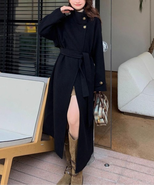 LUCPY コート アウター スタンドネックウールタッチロングコート