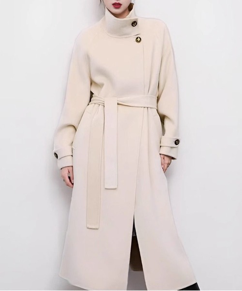 LUCPY コート アウター スタンドネックウールタッチロングコート