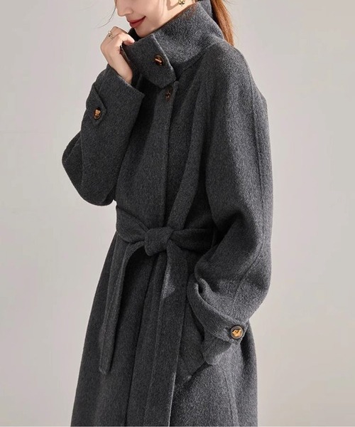 ダークグレー ロングコート シングルボタン LUCPY コート アウター スタンドネックウールタッチロングコート