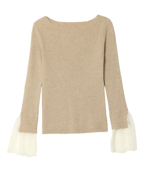 【美品】BEIGE, リブニットセーター 4 ウール混 袖口スリット 選べるフレア袖orベーシック袖！袖バイカラーもっちりリブニット