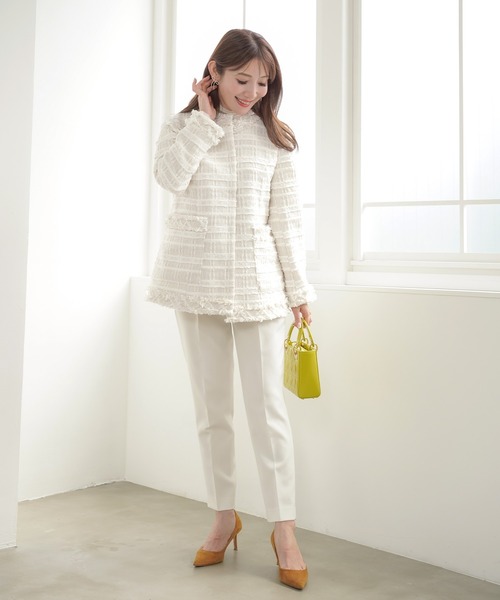 未使用品　Liala×PG ペプラムツイードジャケット　ノーカラー　アイボリーM 無地ツイード ペプラム ジャケット オケージョン Liala×PG 全3色