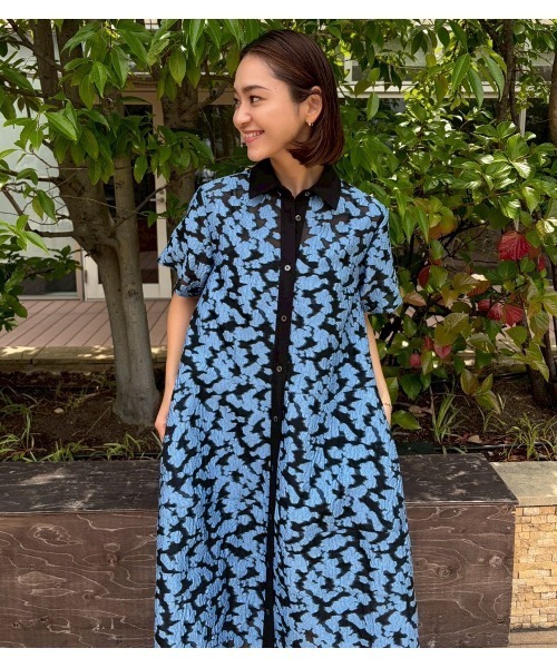 LE CIEL BLEU Sheer Jacquard Dress ネイビー36 LE CIEL BLEU（ルシェルブルー） ワンピース 半袖 シアージャカード