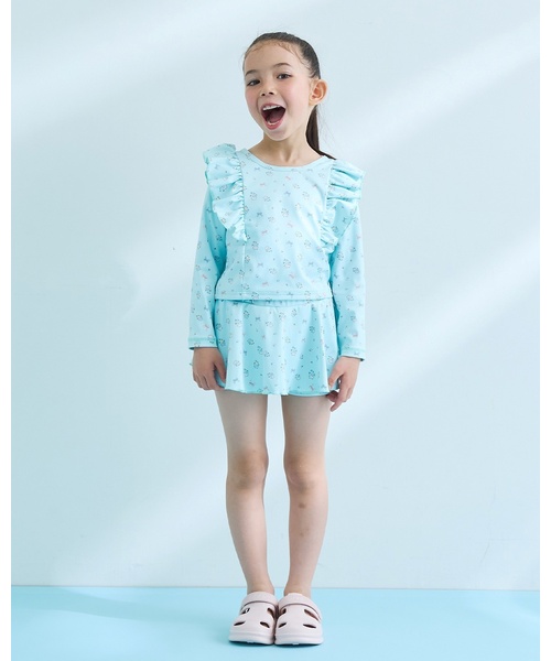 なっぱ様☆専用 88.入園入学セット　女の子　水色 小花柄 フリル付き5点セット 水着 「SWIM」「UVカット」花柄フリルラッシュガード・スカパンセット