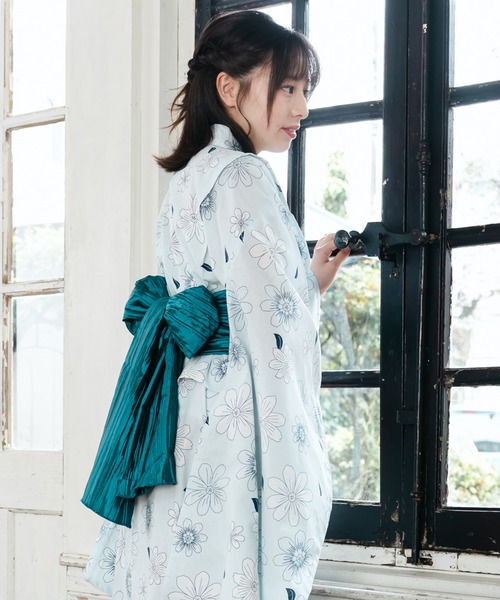レトロ 浴衣 キッズ 子供 女の子 150cm ブルー 花柄 兵児帯 新品 赤