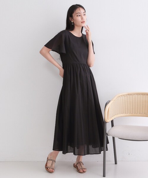 美品 フォクシー フィット&フレアワンピース ブラック 38 ロング ストレッチ OPAQUE.CLIP（オペークドットクリップ） ワンピース フレアスリーブ