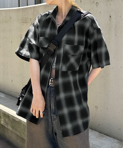 シャツ ジップアップオンブレチェックシャツ メンズ レディース