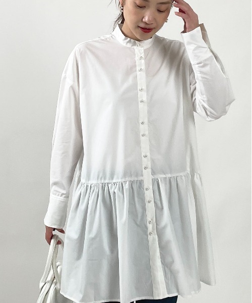 PICCIN PERLA ブラウス シャツ パールボタン裾切替えチュニック 