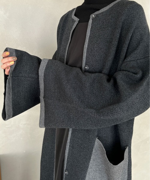 Olu.（オルドット） ノーカラーコート コート バイカラーロングニット