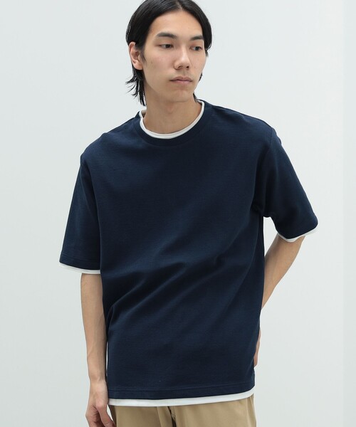 美品 DUAL VIEW デュアルビュー ベアモチーフTシャツ ネイビー 42 BEAMS HEART（ビームス ハート）リップル フェイクレイヤード T