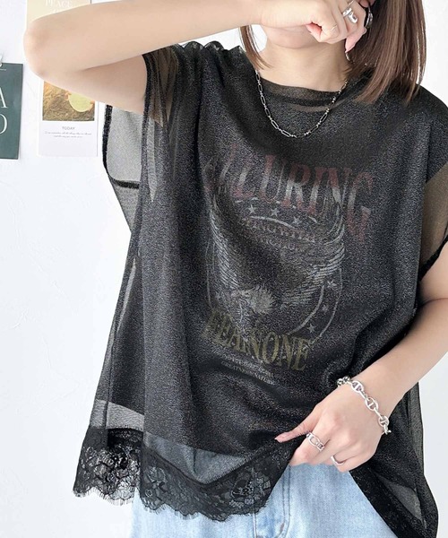 tシャツ ラメドットチュール　レイヤードプリントTEE レディース 楽天市場】カットソー レディース チュール重ね箔プリントロング