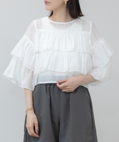 HEILIS ブラウス シャツ シアーポプリンティアードクロップドブラウス 