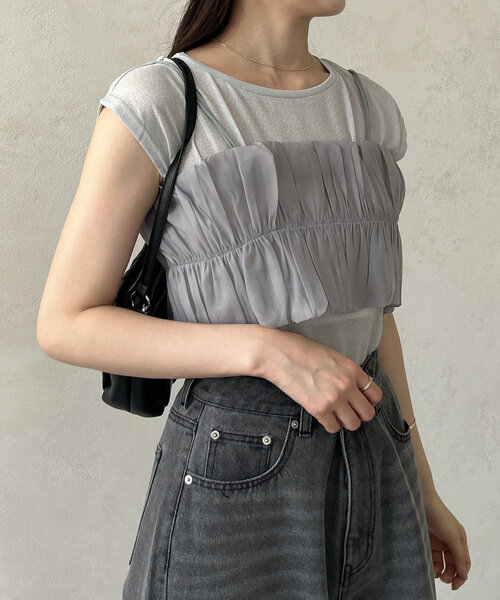 tシャツ ラメシアーTシャツ＆シャーリングビスチェセット レディース ラメシアーTシャツ&シャーリングビスチェセット（Tシャツ