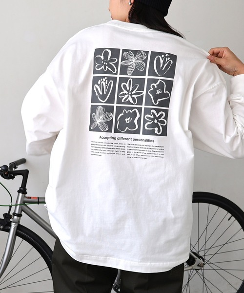 ANME tシャツ ロゴフラワーイラストプリント長袖Tシャツ